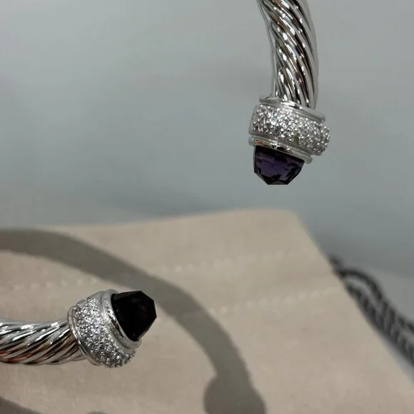 David Yurman 7mm Cable Station Bracelet Silver with Amethyst with diamonds - Picture 2 of 6